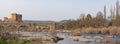 Congosto and medieval bridge with Castillo de los Davila with the Tormes river in Guijuelo, Salamanca, Spain Royalty Free Stock Photo