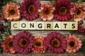 Congrats alphabet letter with Blooming flower on wooden background