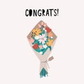 Congrats banner or greeting card template with bunch of flowers and lettering. Congratulations floral vector illustration