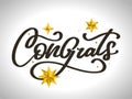 Congrats. Beautiful greeting card poster with calligraphy black text Word gold fireworks star. Hand drawn design