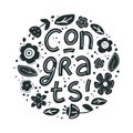 Congrats, black floral print. Round illustration with isolated lettering and flowers