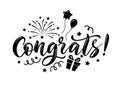 Congrats black and white lettering composition with fireworks, balloons, stars and gift box.