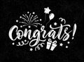 Congrats black and white lettering composition with fireworks, balloons, stars, gift box.