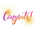 Congrats! brush calligraphy hand lettering in pink, orange and purple with golden glitter on a white background