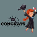 Congrats class of 2018 flat colorful poster. Happy smiling girl in gown with diploma throwing cap vector illustration Royalty Free Stock Photo