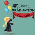 Congrats class of 2018 flat colorful poster. Happy smiling girl in gown with diploma throwing cap vector illustration. Royalty Free Stock Photo