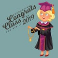 Congrats class of 2019 flat colorful poster. Smiling professor in gown and cap standing and holding gold medal vector