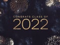 Congrats Class of 2022 Graduation Card Design with Gold Celebration Fireworks in Night Sky Background Royalty Free Stock Photo