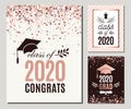 Congrats Class of 2020 greeting cards set in rose gold confetti colors. Three vector grad party invitations. Grad posters. All Royalty Free Stock Photo