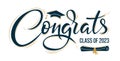 Congrats Class of 2023 greeting sign with academic cap and diploma. Congrats Graduated. Congratulating banner. Handwritten brush