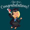 Congrats colorful flat poster with happy graduate celebration graduation day and showing thumb up sigh vector