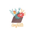 Congrats envelope with bunch of flowers and lettering. Flat style doodled bouquet for greeting cards. Congratulations