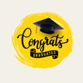 Congrats Graduates, class of 2021. Cap icon and lettering for graduation party. Design logo for congratulation ceremony, Royalty Free Stock Photo