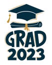 Congrats Graduates. Grad 2023. Greeting sign with academic cap and diploma. Congratulating vector banner for graduation party,