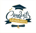 Congrats Graduates. Greeting lettering sign with academic cap and diploma. Congratulating vector banner for graduation party, Royalty Free Stock Photo