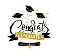 Congrats Graduates. Greeting lettering sign with academic caps and diploma. Congratulating vector banner for graduation party,