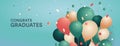 Congrats graduates web banner with colorful balloons on blue background