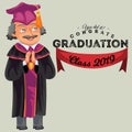 Congrats graduation class 2019 colorful fat poster. Caucasian professor congratulating graduates vector illustration.