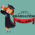 Congrats graduation class of 2018 flat colorful poster. Happy girl alumnus holding diploma in hands and jumping for joy