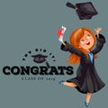Congrats graduation class of 2018 flat colorful poster. Happy girl alumnus holding diploma in hands and jumping for joy