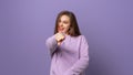 Congrats its you. Cheerful and excited young woman pointing finger at camera and smiling, congratulating you, praising or inviting Royalty Free Stock Photo