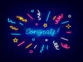 Congrats neon lettering with confetti frame. Streamer and sparkles exploding.Winner celebration. Vector illustration