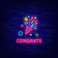 Congrats neon sign. Cracker with confetti and streamers. Glowing greeting card with text. Vector stock illustration