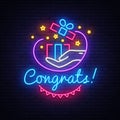 Congrats Neon Signboard Vector. Gift neon sign, design template, modern trend design, night neon signboard, night bright