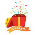 Congrats poster with open gift box, ribbons and confetti on white. Surprise carton for event celebration