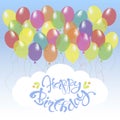 Congratulation card with blue lettering Happy Birthday on white, bright ballons