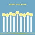 Congratulation card Happy Hanukkah. White glowing candles, yellow tipping on blue background Royalty Free Stock Photo