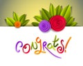 Congratulation congrats greeting card with fresh green leaves and colorful flowers, hand written script, vector design made in