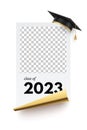 Congratulation for graduates, class of 2023, degree diploma rolled scroll with grad cap