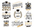 Congratulation graduation wishes overlays, lettering labels design set. Retro graduate class of 2021 badges. Hand drawn