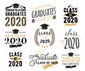 Congratulation graduation wishes overlays, lettering labels design set. Retro graduate class of 2020 badges. Hand drawn