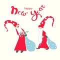 Congratulation hand draw card lettering Happy New Year cute fairy gnomes