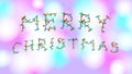 Congratulation Merry Christmas in garland font on blurry colorful background.