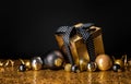 Congratulation Merry Christmas and Happy New Year. Golden box Royalty Free Stock Photo