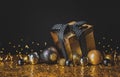 Congratulation Merry Christmas and Happy New Year. Golden box Royalty Free Stock Photo