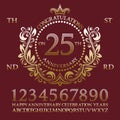 Congratulations on the anniversary sign kit. Golden numbers, alphabet, frame and some words for creating celebration emblems Royalty Free Stock Photo