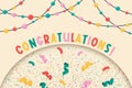 Congratulations banner. Colorful festive template with light, confetti, greeting lettering. Vector flat illustration for birthday Royalty Free Stock Photo