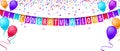 Congratulations banner template with balloons and confetti isolated on white background. Festive greeting card template for