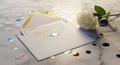 Congratulations Card with Elegant Envelope, Confetti, and White Rose on Marble Surface (AI-Generated) Royalty Free Stock Photo