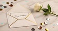 Congratulations Card with Elegant Envelope, Confetti, and White Rose on Marble Surface (AI-Generated) Royalty Free Stock Photo