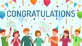 Congratulations card. Happy people congratulate you, team celebrate together cartoon vector illustration