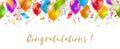 Congratulations - celebratory greeting banner - multicolored balloons and confetti. Vector festive illustration.