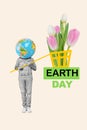 Congratulations collage of headless absurd man celebrate ecological planet earth day catch tulips fishnet isolated over