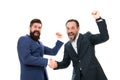 Congratulations, we did it. Happy businessmen express congratulations. Bearded men celebrate success. Congratulations on