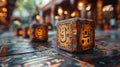 Congratulations on EID MUBARAK made of wooden dice. Close-up.