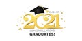 Congratulations graduates banner with cap and golden confetti and design elements. Class of 2021.Vector illustration